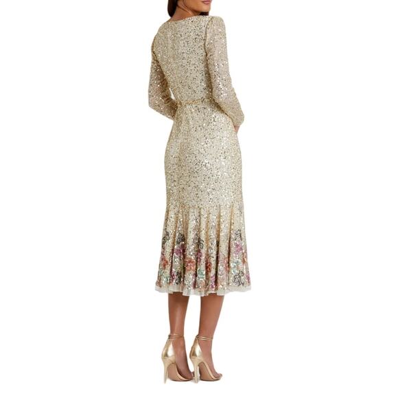 Mac Duggal Gold Multicolor Faux Wrap Long Sleeve Tea Length Dress Women’s Sz 12 - Picture 5 of 8